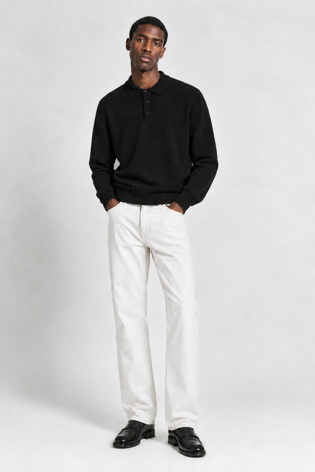 Collared Cashmere Wool Blend Sweater - Rich Black - Second Image